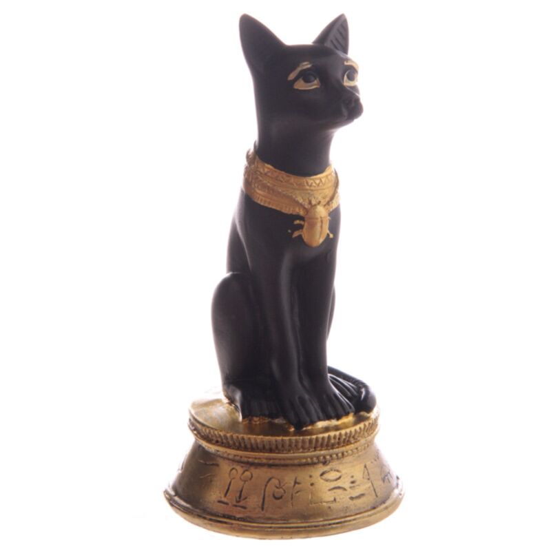 Black & Gold Bast Cat - Wearing Scarab Necklace